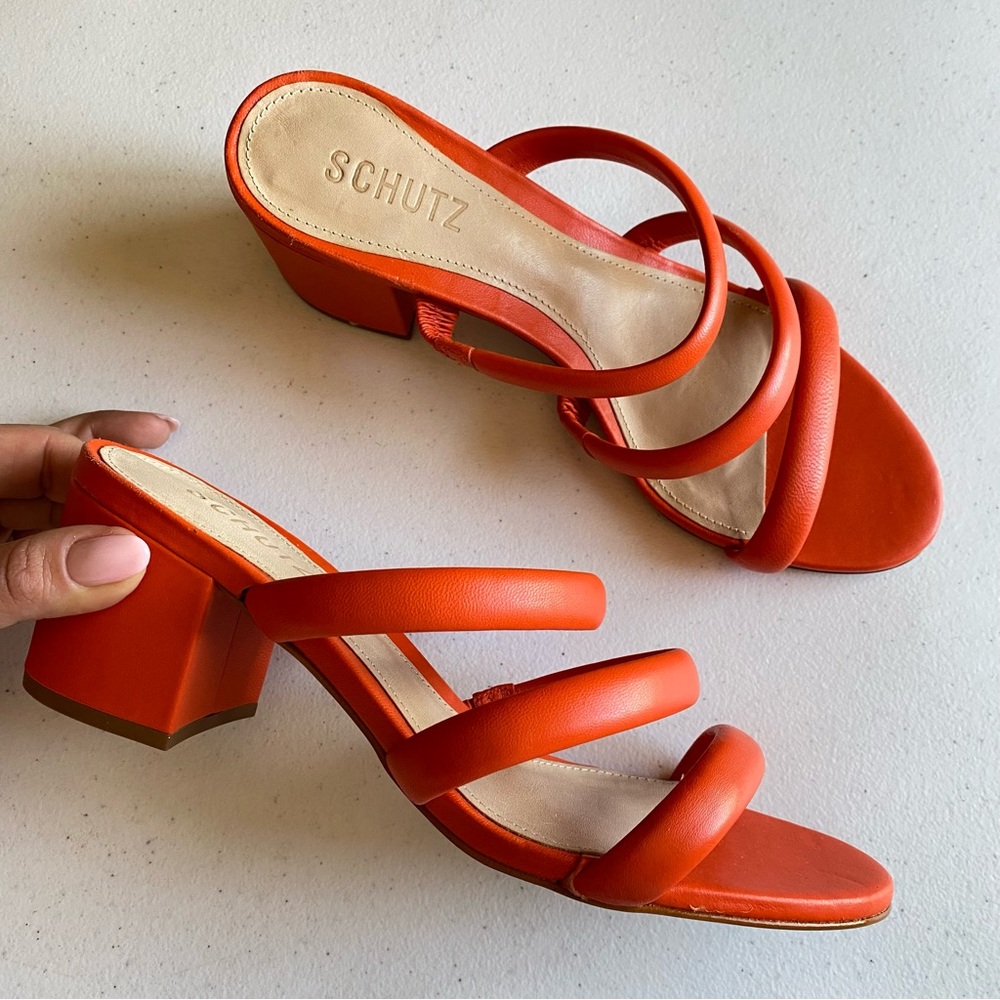 Schutz Size 8 Coral Orange Genuine Leather Strappy Open Toe Slip-on Block Heel